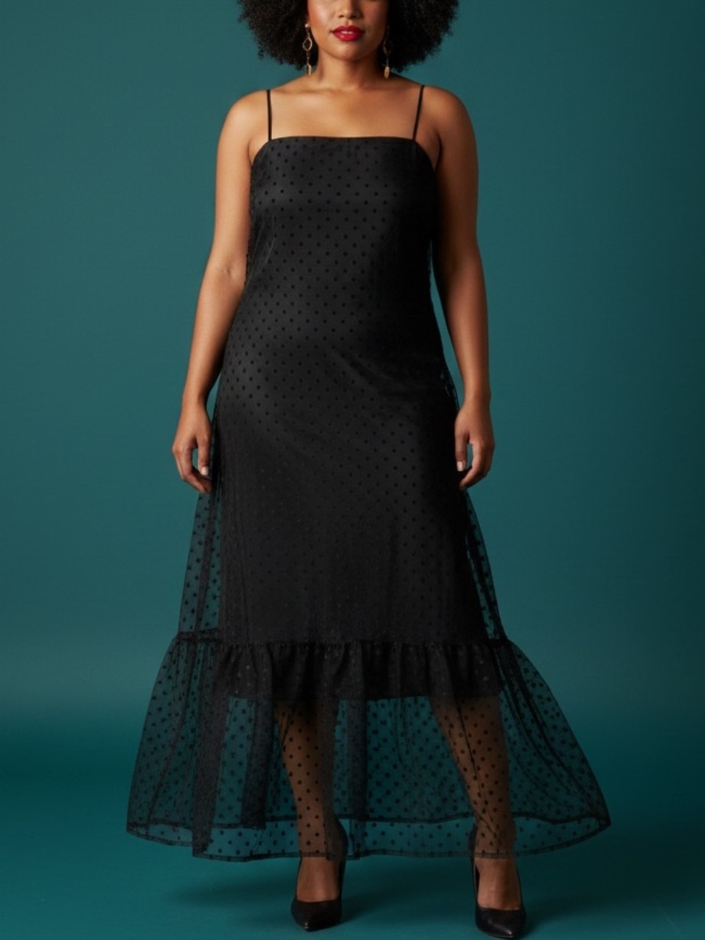 ModCloth Black Sheer Swiss Dot Witchy Maxi Black Dress XL Goth Criss Cross Back